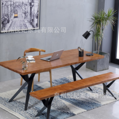 现代简约实木办公桌 办公室职员办公桌书桌 铁艺复古餐桌椅组合