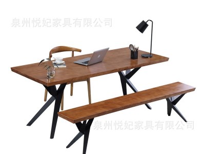 现代简约实木办公桌 办公室职员办公桌书桌 铁艺复古餐桌椅组合图4