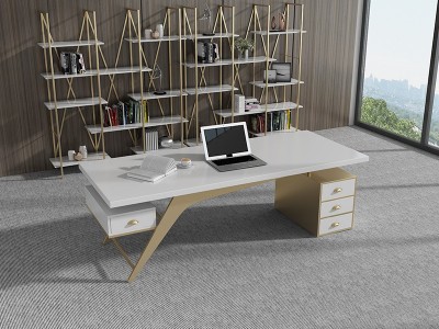 轻奢老板桌简约现代电脑办公桌北欧白色烤漆实木总裁书桌带抽屉