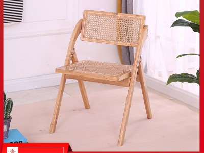 北欧简约休闲折叠编藤椅实木复古户外藤编椅折叠椅家用靠背餐厅椅