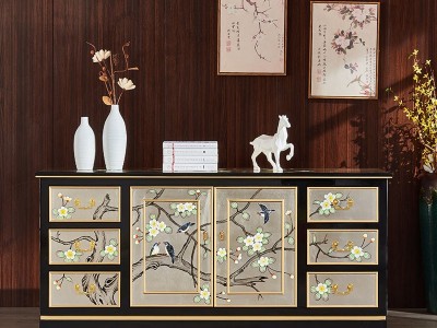 新中式电视柜 手工彩绘实木小户型装饰柜 六斗双门彩绘漆器家具图1
