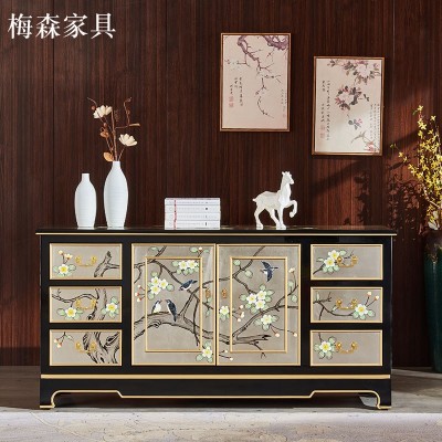 新中式电视柜 手工彩绘实木小户型装饰柜 六斗双门彩绘漆器家具