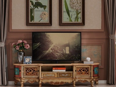 锦木家具新款美式复古风格人工彩绘实木材料多功能艺术电视柜