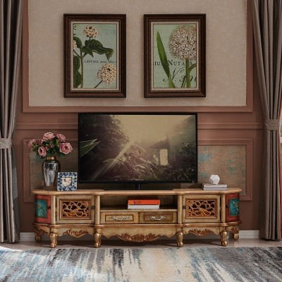锦木家具新款美式复古风格人工彩绘实木材料多功能艺术电视柜