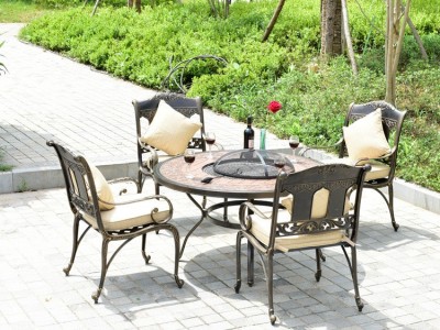休闲阳台桌椅套件花园庭院餐厅海滩新款炭烤大理石桌面烧烤桌椅