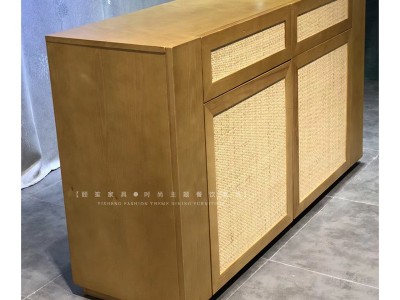酒店简约复古收纳储物餐边柜饭店藤编保健茶水厨柜接待前台备餐柜图3