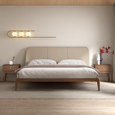 北欧实木床现代简约床轻奢极简风木床卧室双人床1.5米白蜡木皮床