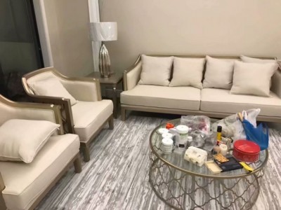 美式轻奢布艺沙发香槟色镂空棉麻雕刻art单双人三人组合实木沙发图3