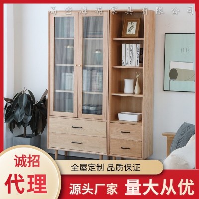 北欧实木书柜 现代简约储物柜白橡木玻璃门展示柜轻奢原木书架