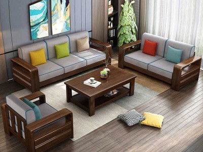 新中式胡桃木实木布艺沙发组合客厅转角轻奢现代简约北欧木质家具