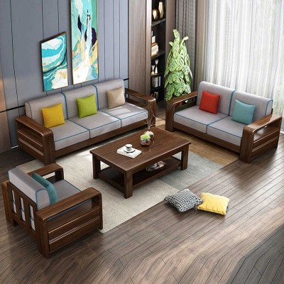 新中式胡桃木实木布艺沙发组合客厅转角轻奢现代简约北欧木质家具