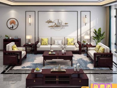 新中式客厅实木沙发布艺木加布沙发茶几电视柜组合家具【一件代发图1