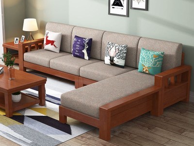 【一件代发】实木沙发中式现代小户型木加布可拆洗沙发带贵妃组合