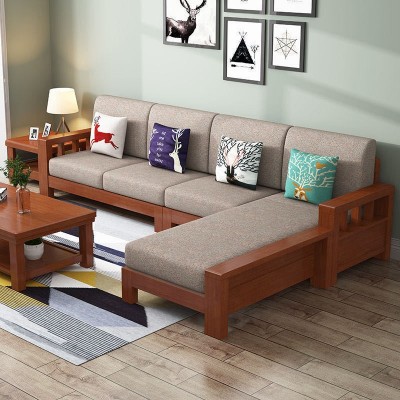 【一件代发】实木沙发中式现代小户型木加布可拆洗沙发带贵妃组合