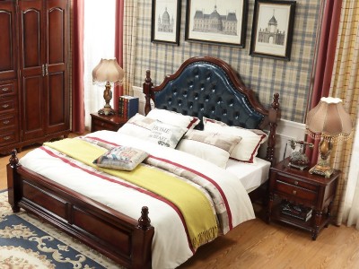 美式床全实木1.8米主卧室双人床婚床真皮软靠1.5m气压床一件代发