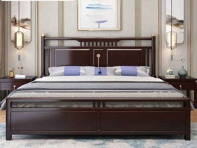 新中式实木床1.8米主卧双人大床软靠床轻奢简约风格1.5米高箱婚床