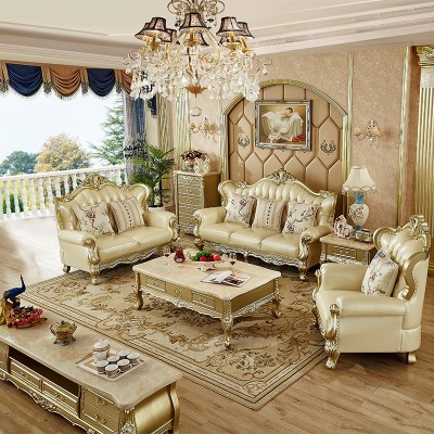 欧式真皮沙发别墅客厅123组合实木整装香槟金奢华皮家具头层牛皮