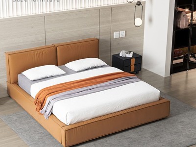 佛山厂主卧双人床1.8米头层牛皮酒店婚床 意式极简真皮床小户型床