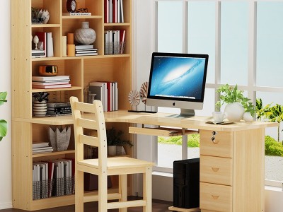 实木书桌书架组合转角台式电脑桌儿童学习桌带书柜一体家用写字桌