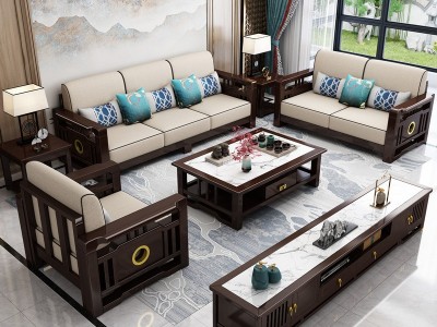 新中式实木沙发组合古典客厅家用小户型木加布艺农村高箱储物家具