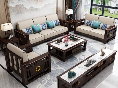 新中式实木沙发组合古典客厅家用小户型木加布艺农村高箱储物家具图1