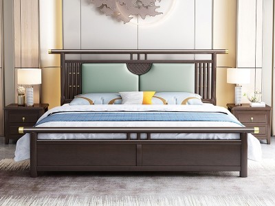 新中式实木床1.8米双人床1.5米主卧室高箱储物软靠床酒店民宿