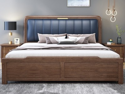 新中式实木床北欧胡桃木1.8米双人床简约主卧皮软包1.5米高箱婚床