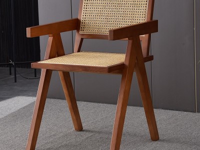 北欧藤椅全实木扶手餐椅家用靠背设计师椅子昌迪加尔阳台休闲椅子