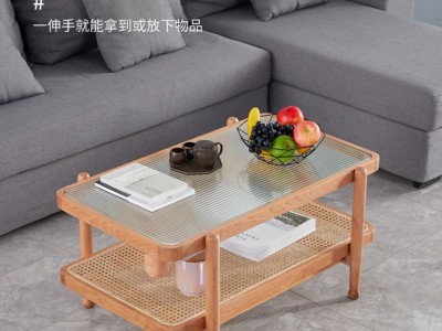 北欧现代简约网红民宿酒店小户型家用圆形实木藤编长虹玻璃茶几图4