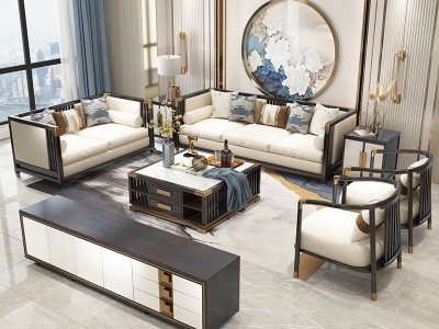 新中式沙发组合现代客厅轻 奢沙发大理石茶几大小户型别墅家具