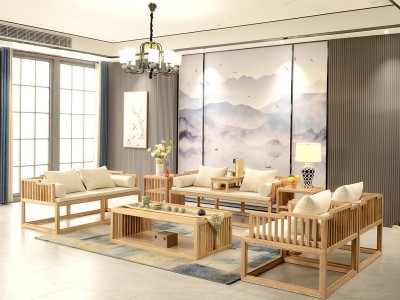 新中式沙发组合禅意家具现代中式样板房别墅民宿白蜡木色家具