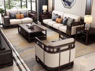 新中式沙发组合禅意客厅木制家具大户型组合皮沙发别墅乌金木家具