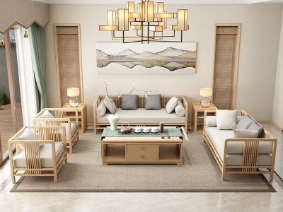 新中式原木色沙发客厅大小户型沙发组合禅意民宿酒店别墅实木家具