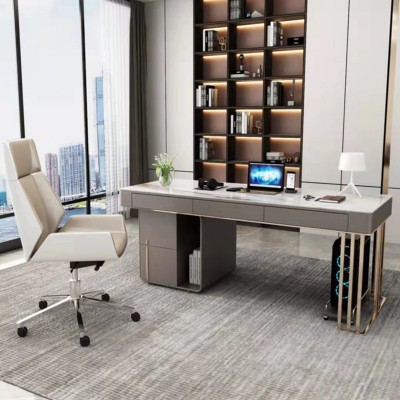 轻奢岩板书桌台后现代简约台式电脑桌椅组合办公桌家用书房写字台