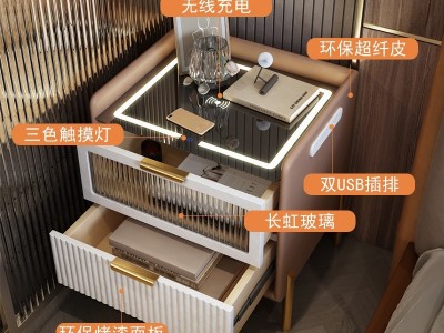 轻奢智能床头柜简约现代全实木岩板床边柜充电密码锁皮质收纳柜图3
