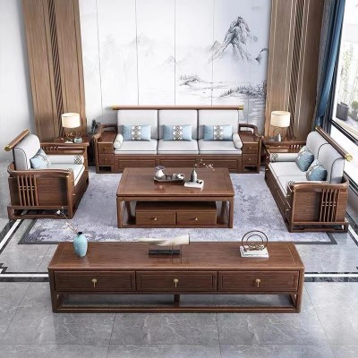 新中式全实木沙发小户型客厅轻奢胡桃木现代简约储物木质家具
