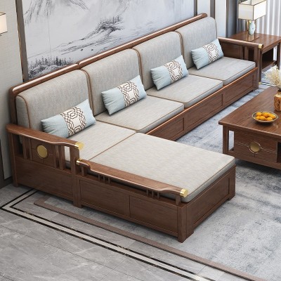 新中式全实木布艺沙发组合储物现代简约贵妃小户型客厅胡桃木家具