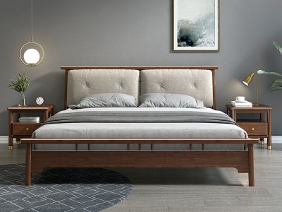 北欧实木床简约现代胡桃木主卧双人床1.8米高脚小户型家用经济型