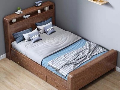 实木儿童床胡桃木榻榻米床书架床一体卧室多功能储物单人床收纳床