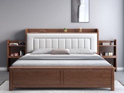 新中式实木床胡桃木主卧双人床大容量床头储物可推拉家用真皮婚床