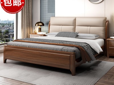 胡桃木床1.8米软包皮靠 全实木床1.5m双人床现代简约主卧储物婚床