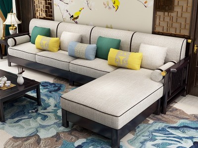 新中式全实木沙发组合现代小户型布艺贵妃样板房民宿轻奢客厅家具