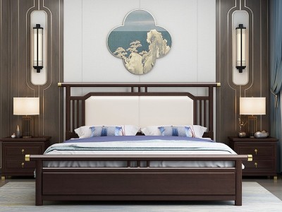 新中式实木床现代简约1.51.8米双人床主卧中国风卧室家具轻奢婚床