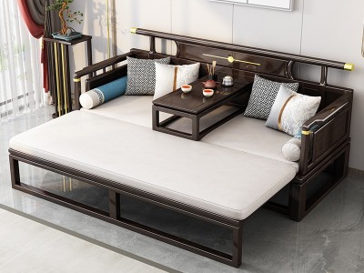 新中式罗汉床伸缩实木客厅家具现代简约小户型推拉床沙发床榻炕几