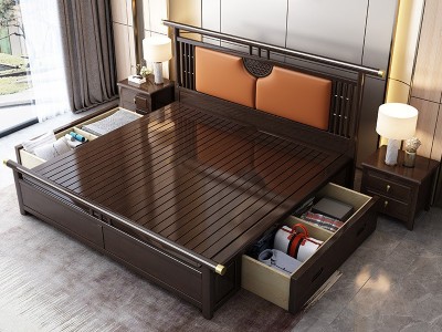 新中式实木床现代简约1.5m1.8米双人床主卧室中国风轻奢软靠婚床