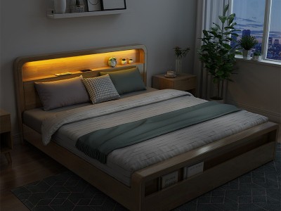 北欧实木床现代简约日式1.5米1.8m 双人原木高箱储物床小户型