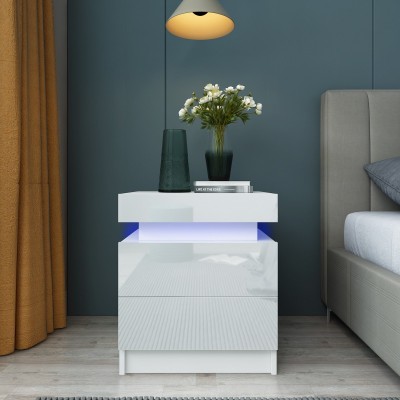 北欧现代小户型家用床头柜两抽屉高光泽RGB灯方形床头储物柜