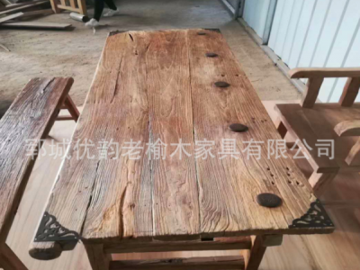 旧木板风化板复古怀旧茶桌 民俗茶桌榆木板材 户外榆木茶桌图4