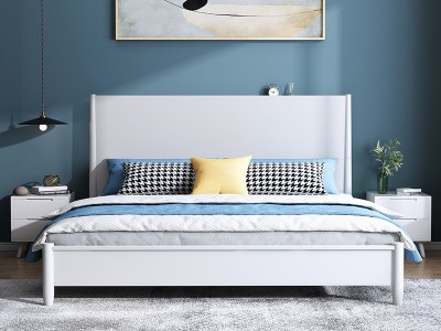 北欧白色实木床现代简约风格1.5m1.8米单双人床主卧气压储物床