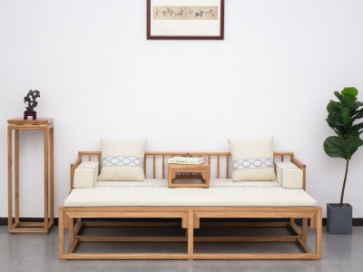 实木伸缩沙发床榆木原木推拉罗汉床新中式客厅两用沙发茶室家具